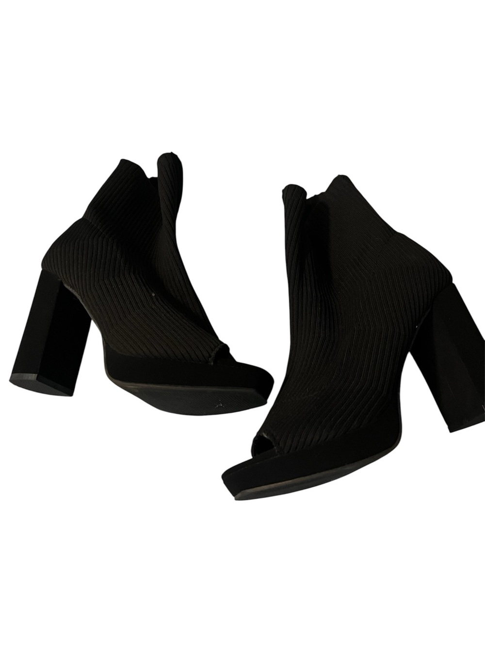 Black Knit Peep-Toe Sock Booties with Block Heel